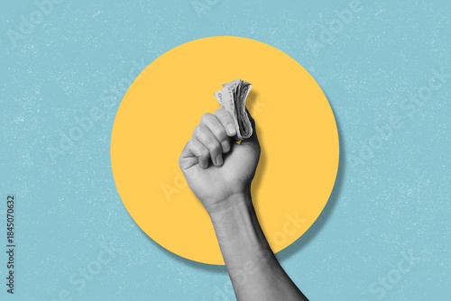 Modern art collage in retro style,, hand holding a stack of money. Financial development and income increase.	
