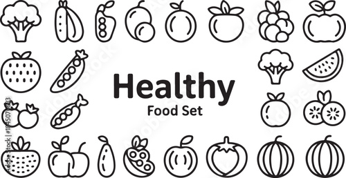 Healthy Food Set  Fruits and Vegetables Line Icons for Nutrition and Healthy Lifestyle.