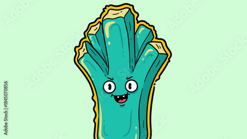 Cartoon celery stalk with a face on a light green background.