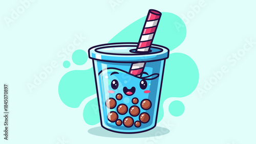 Cartoon illustration of a cute bubble tea drink with a smiling face and a striped straw.