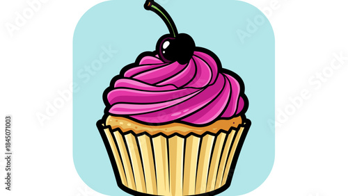 Illustration of a cupcake with pink frosting and a cherry on top, set against a light blue background.