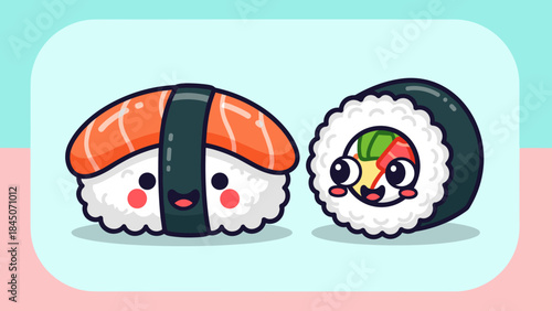 Cute cartoon sushi and maki roll with smiling faces illustration.