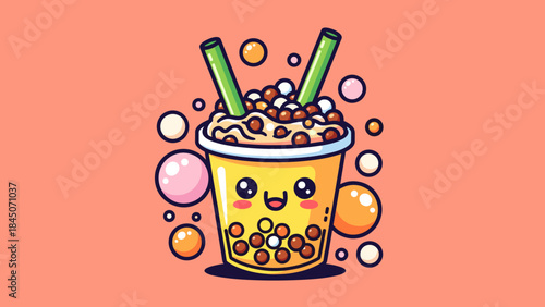 Cartoon illustration of a cute bubble tea with tapioca pearls and straws.
