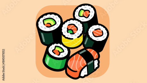 Illustration of sushi rolls and nigiri on a light orange background.