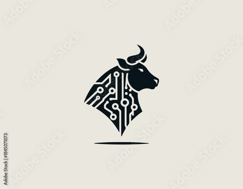 Powerful bull represents advanced technology strength in modern bold black vector logo illustration