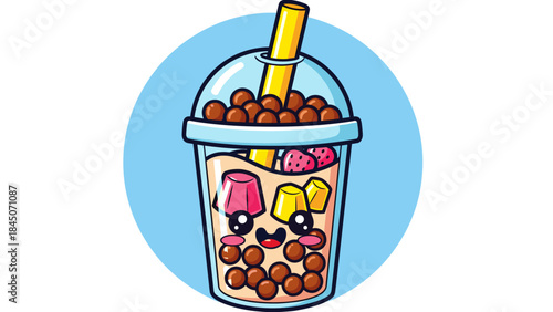 Cartoon illustration of a cute bubble tea drink with tapioca pearls, fruit, and a straw.
