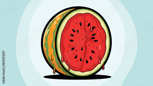 Illustration of a sliced watermelon with dripping juice and visible seeds.