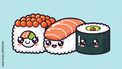 Cute cartoon sushi rolls with smiling faces and kawaii eyes on a light blue background.