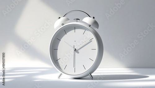 A white minimalist analog twin-bell alarm clock with simple indices sits on a bright surface, creating a timeless and elegant design ideal for any modern or retro interior setting