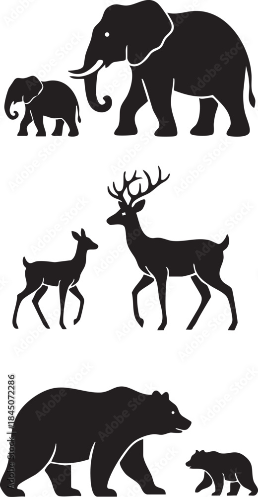 Fototapeta premium Minimalist Animal Family Silhouette Set with Adult and Baby Wildlife