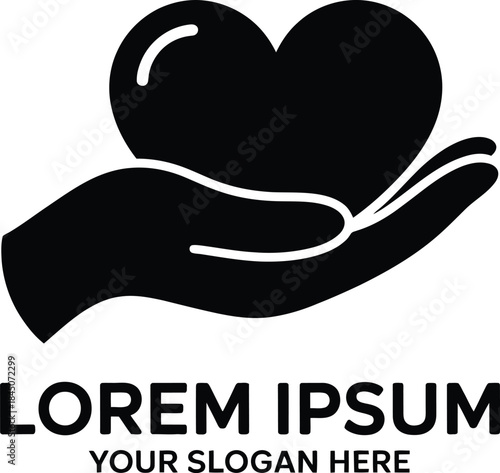 A black silhouette logo featuring an open hand holding a heart, symbolizing care and charity