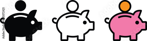 Piggy bank icon set in three different styles for saving and finance concepts