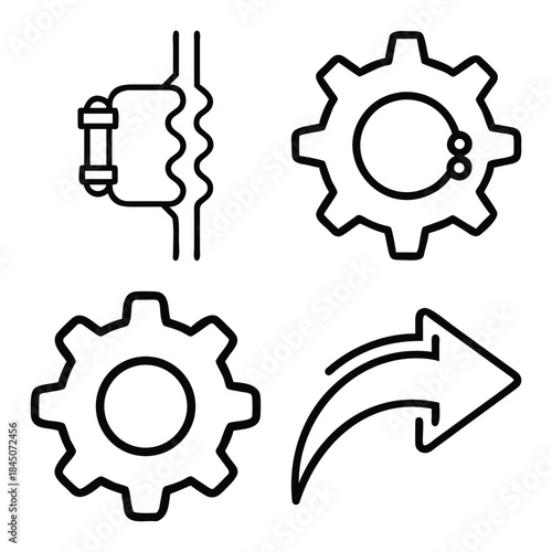 Mechanical Gear and Cogwheel, Industrial Clamp Connector, and Curved Navigation Arrow Outline Icons
