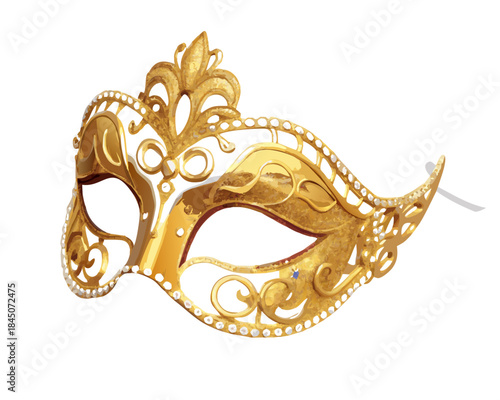Golden Venetian carnival mask isolated on white for a masquerade party and festival celebration