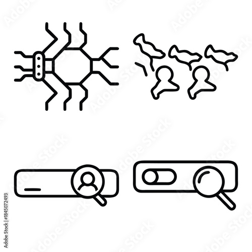 Abstract Octagon Circuit Connection, People with Flying Birds, Profile User Search Bar, and Magnifying Glass Search Toggle Outline Icons