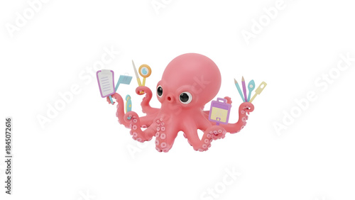 Cute pink octopus holding various creative tools and office supplies