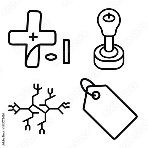 Gamepad Directional Cross, Manual Gear Shift Lever, Abstract Cracked Network, and Blank Hanging Price Tag Outline Icons