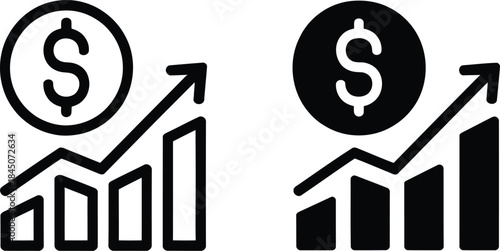 Financial growth icon set showing an upward trend line on a bar chart with a dollar symbol
