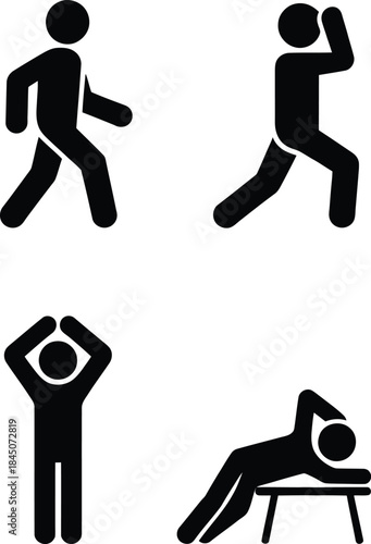 A set of four simple pictograms illustrating human activities and states like exercise and rest
