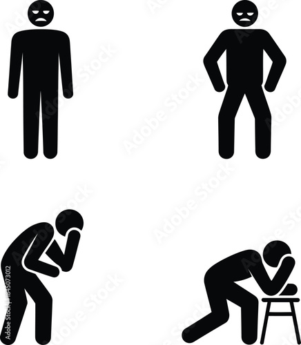 A collection of pictograms illustrating negative human emotions like sadness, anger, and distress.