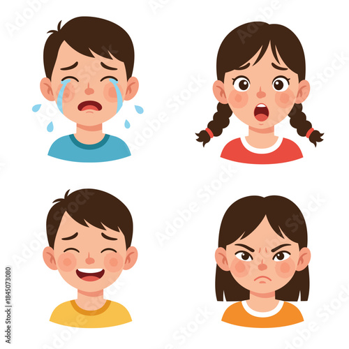 Four Cartoon Children Displaying Different Emotions Crying Surprised Happy and Angry.