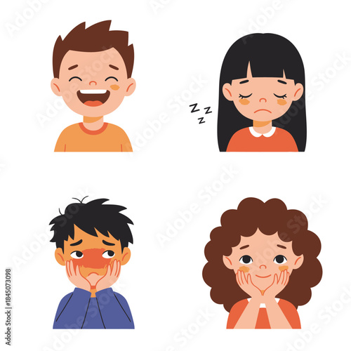 Four Cartoon Children Expressing Different Emotions Joy Sleepiness Fever and Happiness.