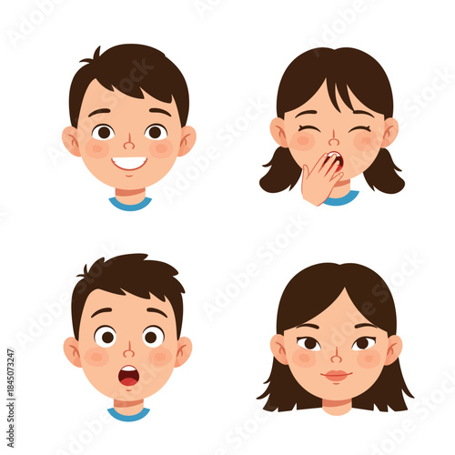 Four Cartoon Faces Boy Smiling Boy Surprised Girl Yawning Girl Neutral.