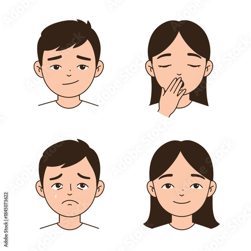 Four Cartoon Faces Displaying Different Emotions Content Yawning Sad and Smiling.