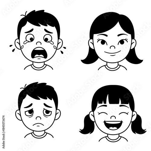 Four Cartoon Faces Displaying Different Emotions Crying Smiling Sad and Laughing.