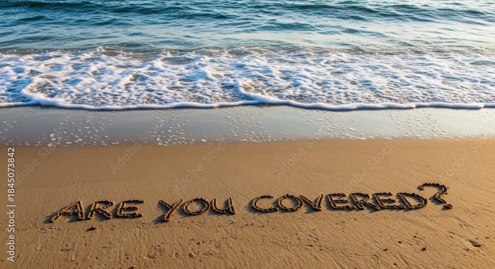 Fototapeta premium Inspirational Message 'Are You Covered?' Written in Sand on a Beach with Waves