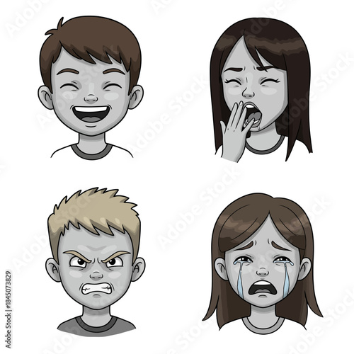 Four Cartoon Faces Displaying Different Emotions Joy Yawning Anger and Sadness.