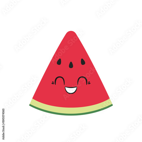 Slice watermelon, cute cartoon character, happy smiling face, emotions joy delight, kawaii style, big eyes, delicious summer fruit, emoji, icon, vector illustration.