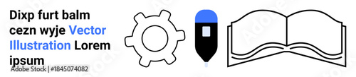 Education, creativity, innovation, digital design, technical learning, content creation. Gear, pen and open book in minimalist style. Education and creativity concept visualization