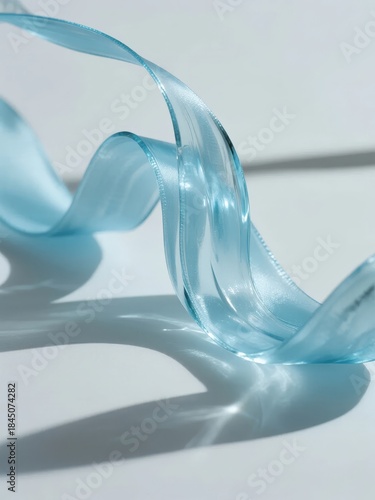 Translucent blue ribbon curled on a white surface with soft shadows