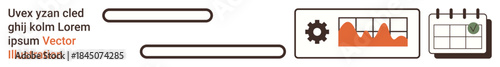 Data analytics, time management, business planning, workflow optimization, schedule tracking, information visualization. Bar chart with gear icon and calendar concept. Data analytics and time