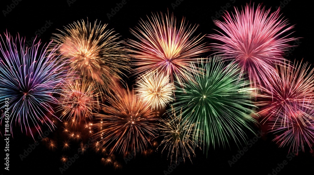 Fototapeta premium Colorful Fireworks Display on Black Background for Celebration, Independence Day, New Year's Eve