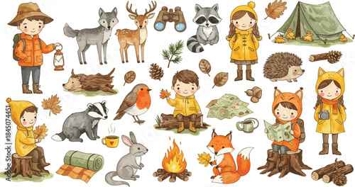 Children exploring forest with wildlife