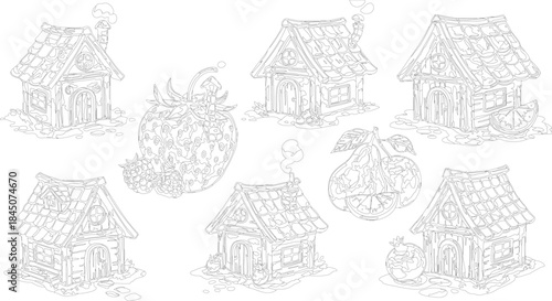 Whimsical gingerbread houses with fruits