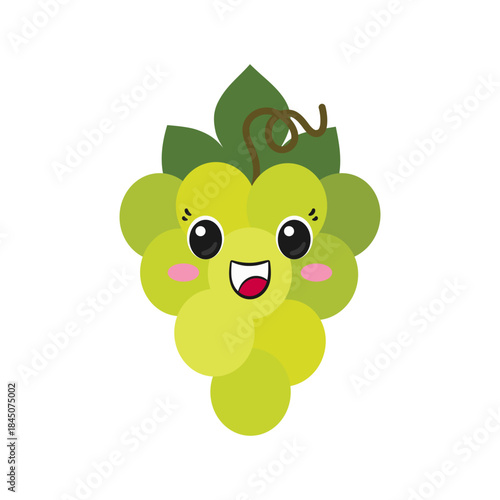 Green grapes, emotions joy delight, cute cartoon character, happy smiling face, kawaii style, big eyes, ripe juicy, symbol white wine, emoji, icon vector illustration.
