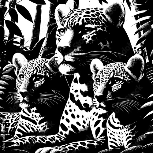 Leopard Family in Lush Jungle: A captivating depiction of a leopard family, with a mother and her cubs, in the dense foliage of the jungle, a stark contrast in black and white.
