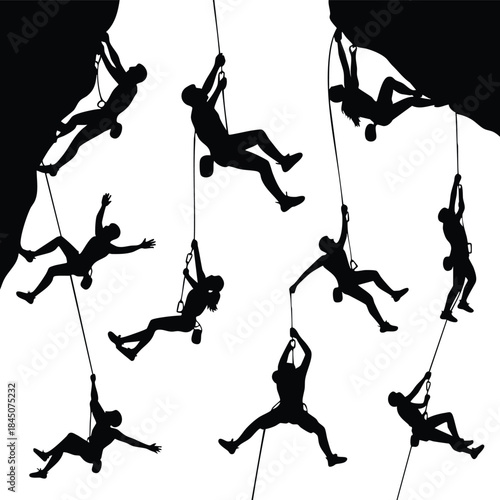 Set of Rock Climber and Abseiling Silhouettes,Vector Silhouettes of People Climbing and Rappelling, Adventure Sport Silhouettes, Eleven Poses of Climbers on Ropes, silhouette, illustration, vector