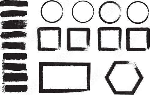 Geometric shapes and brush strokes on a white background