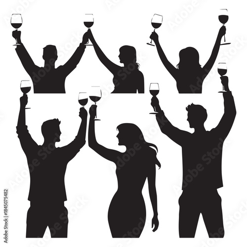 Set of black Cheers and Toasts' silhouettes isolated on white background