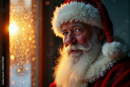 Santa Claus Looking Out Window Watching Snow Fall