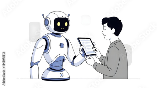 Robot and man interacting with tablet in modern workspace