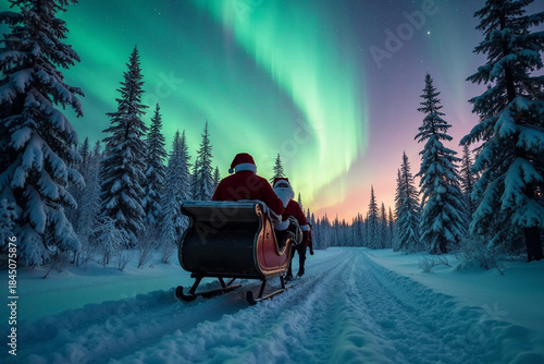Santa Claus Delivering Presents Under Aurora Borealis