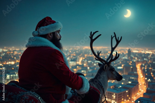 Santa Claus Flying Over City Skyline with Reindeer and Sleigh