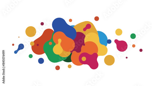 Vibrant colorful abstract shapes splatter art on white background, creative modern design elements, dynamic fluid colorful blobs and dots composition