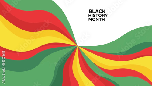 Vibrant black history month abstract background with swirling green, red, and yellow stripes on white