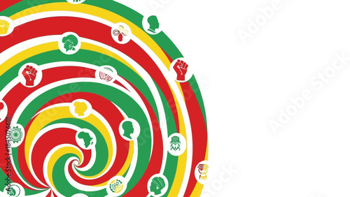 Vibrant spiral design with colorful concentric circles and diverse symbolic icons on white background, representing unity and diversity in a dynamic, swirling pattern